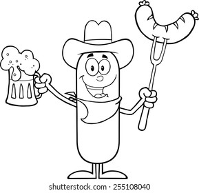 Black And White Cowboy Sausage Cartoon Character Holding A Beer And Weenie On A Fork. Vector Illustration Isolated On White