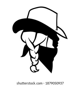 Black and white cowgirl wearing bandana portrait side view symbol on gray backdrop. Design element