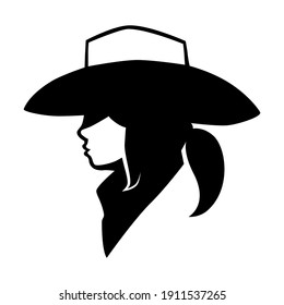 Black and white cowgirl wearing bandana portrait side view symbol on white backdrop. Design element
