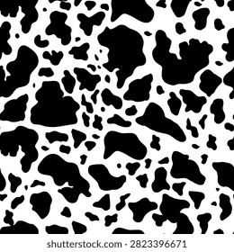 Black and white cowhide pattern featuring irregular spots mimicking a cow's fur. Ideal for textile and interior design.