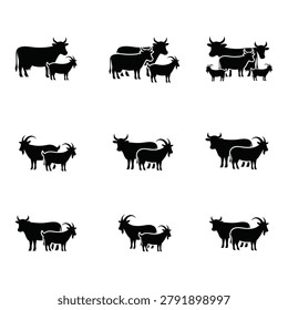 Black and white cows and calves standing together in a group illustration