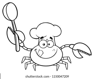 Black And White Crab Chef Cartoon Mascot Character Holding A Spoon. Vector Illustration Isolated On White Background