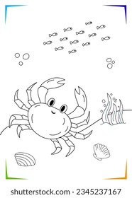 Black and white crab, shell, seaweed Coloring page for kids. Marine underwater inhabitants vector illustration. Printable for kids. Worksheet for children. Coloring book Black outlines sea life.