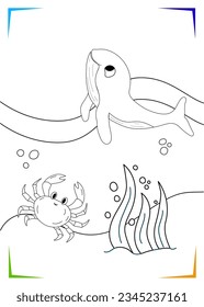 Black and white crab, whale, seaweed Coloring page for kids. Marine underwater inhabitants vector illustration. Printable for kids. Worksheet for children. Coloring book Black outlines sea life.