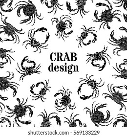 Black and white crabs background. Various ornate crab silhouettes. Vector seafood menu template. There is place for your text in round frame.