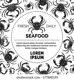 Black and white crabs background. Various ornate crab silhouettes. Vector seafood menu template. There is place for your text in round frame.