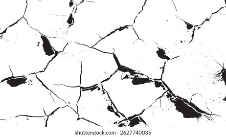 Parede rachada em preto e branco com textura áspera de descascamento Textura solo rachadura seca Esboço rachadura textura. Rachaduras no fundo.
