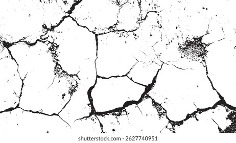 Parede rachada em preto e branco com rachadura áspera de descascamento. Rachaduras no fundo.