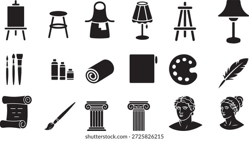 Black and white and craft easel stool apron lamp paintbrushes