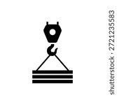 Black and white crane hook icon lifting load representing construction or logistics