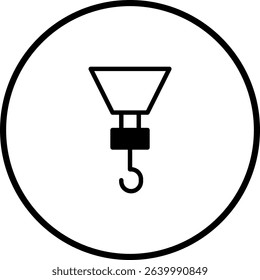 Black and White Crane Hook Icon in Circular Frame, Minimalist Graphic Design