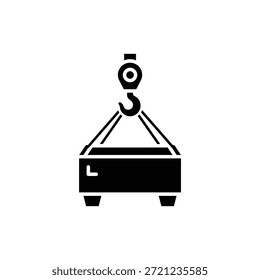 Icono de contenedor de elevación de gancho de grúa en blanco y negro que representa el envío industrial