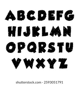 Black and white crayon kids font. Doodle funny alphabet. Wax crayon abc for kindergarten, school. Handwriting playful letters. Pencil children font.