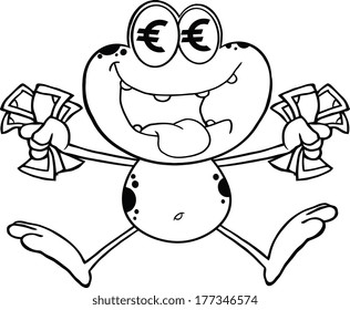 Black And White Crazy Frog Cartoon Character Jumping With Euro. Vector Illustration Isolated on white