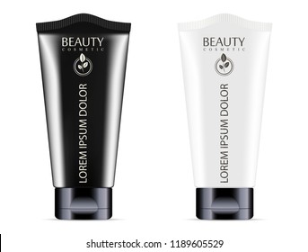 Black and white cream or ointment cosmetic tubes set with black lid color design. Realistic mockup package vector illustration. Cosmetics or medicine product.
