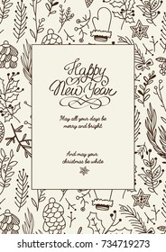 Black and white creative happy new year frame sketch composition with beautiful symbols of winter holiday hand drawn vector illustration