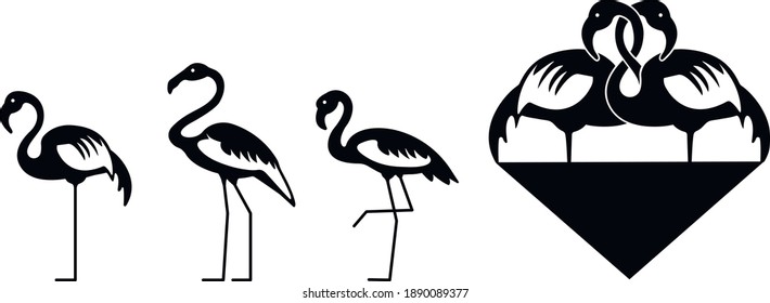 Black and white creative logo for a company, emblem for the design of clothes, paper. Set of elements. Tropical flamingo couple in love. Illustration valentine. Romantic element for greeting cards