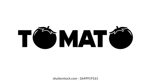 Black and white creative typographic illustration spelling 'Tomato' with tomato-shaped depictions creating an artistic and modern feel.