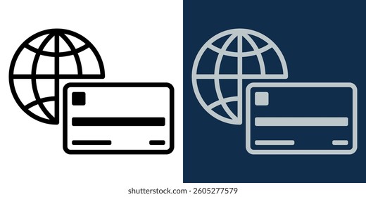 Black and white credit card and globe icon set. Digital payment and online banking concept. Vector financial transaction symbol. Isolated fintech design for web, apps, business, and e-commerce.