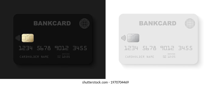 Black and white credit card mockup with NFC wireless payment technology icon, contactless payment, credit card tap pay wave logo, contactless pay pass fast payment symbol - stock vector