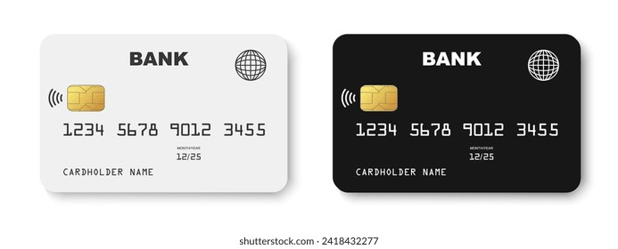 Black and white credit card mockup design with NFC wireless payment, credit card tap pay wave logo, contactless pay pass fast payment symbol - vector