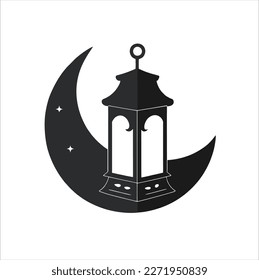 black and white crescent moon lantern icon, crescent moon lantern illustration, ramadan month