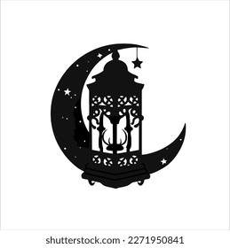 black and white crescent moon lantern icon, crescent moon lantern illustration, ramadan month