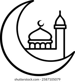 Black and white crescent moon with mosque representing simplicity and Ramadan spirituality.