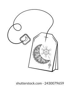 Ilustración de bolso de té de luna creciente blanco y negro. Té mágico calmante para un buen sueño y relajación.