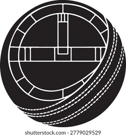 Black and white of a cricket ball with seam detail on a white background, sport game equipment