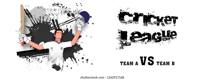 Black and white cricket league banner with a batsman rising up his helmet and bat on grungy background.