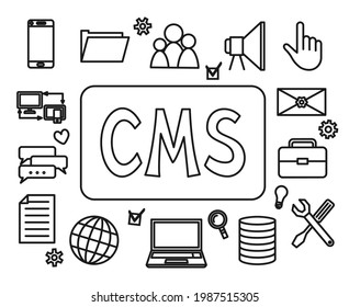 Black and white CRM content management system banner. Monochrome vector illustration for site, poster, leaflet, icon or elements set.