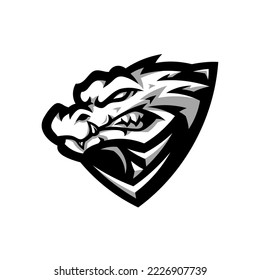 Black and white crocodile head badge mascot logo. Angry alligator cartoon illustration