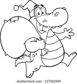 Black and White Crocodile Santa Cartoon Mascot Character Running With Bag