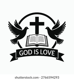 Black and white with cross open book and two doves god is love, Christian vector illustration isolated on white background