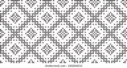Black and white cross stitch geometric motif. Allover ornamental vector pattern for fabric, apparel textile, interior design, linen napkin, kitchen tablecloth. Vintage Italian monochrome folk ornament