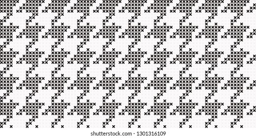 Black and white cross stitch hound tooth pattern. Allover vector pattern for tweed fabric, apparel textile, interior design, linen napkin, kitchen tablecloth. Vintage French monochrome folk ornament