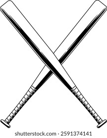 Black And White Crossed Baseball Bat Graphic Logo Design - Vector Hand Drawn Illustration Isolated On Transparent Background