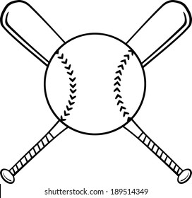 Black and White Crossed Baseball Bats And Ball. Vector Illustration Isolated on white