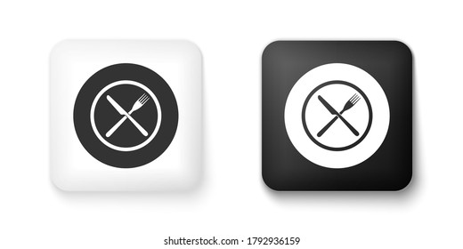 Schwarz-Weiß Gabel und Messer auf Teller Symbol einzeln auf weißem Hintergrund. Restaurant Symbol. Knopf Quadrat. Vektorgrafik