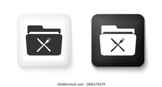 Icono de bifurcación cruzada negra y blanca sobre carpeta aislado en fondo blanco. Símbolo del restaurante. Botón cuadrado. Vector.