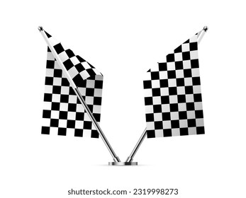 Black and white crossed race flags vector illustration. 3D realistic checkered flags on metal poles for start and finish of sport rally, moto racing flagpoles, two fabric pennants on pillars