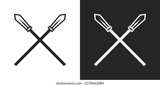 black and white crossed spear weapon logo, icon, isolated on white background. weapon, spear, war, warrior, blade, sword, guard, protect, defend, clipart, sticker, flat, simple, vector illustration