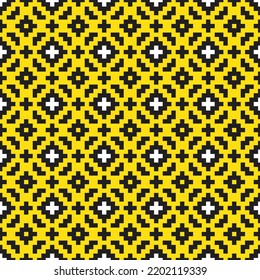 Black and white cross-stitch knitting pattern on yellow background. Black and white square dots on yellow backdrop. Monochrome fabric pattern design for sale. Knitting handicraft art.