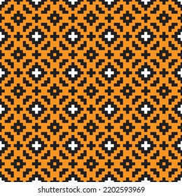 Patrón de tejido cruzado blanco y negro sobre fondo naranja. Puntos cuadrados negros y blancos sobre el fondo naranja. Diseño de patrones de tela monocroma para la venta. Tejiendo arte artesanal.