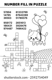 Black and white crossword with  big numbers. Number fill in puzzle. Cat. Attention game for kids. Isolated vector illustration eps 10