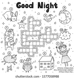 Black and white crossword game for kids. Good night theme coloring page. Sweet dreams quiz activity with cute characters for children. Vector illustration