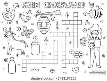 Black and white crossword for kids with cute farm characters. Word search puzzle in outline. Educational game with beekeeper, goose, donkey, beehive and more. Vector illustration