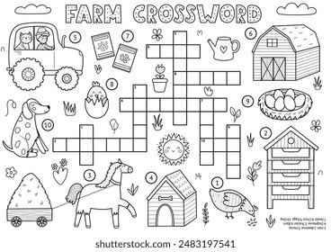 Black and white crossword for kids with cute farm characters. Word search puzzle in outline. Educational game with horse, dog, tractor, barn and more. Vector illustration