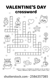 Black and white crossword of Valentines day. English words. Educational puzzle game for kids. Isolated vector illustration eps 10